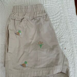 The Beaufort Bonnet Company 3T khaki shorts with embroidered duck theme.